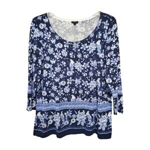 Talbots Plus Cotton Blend Floral Bird Toile Print Scoop Neck Sweater Tunic 1X